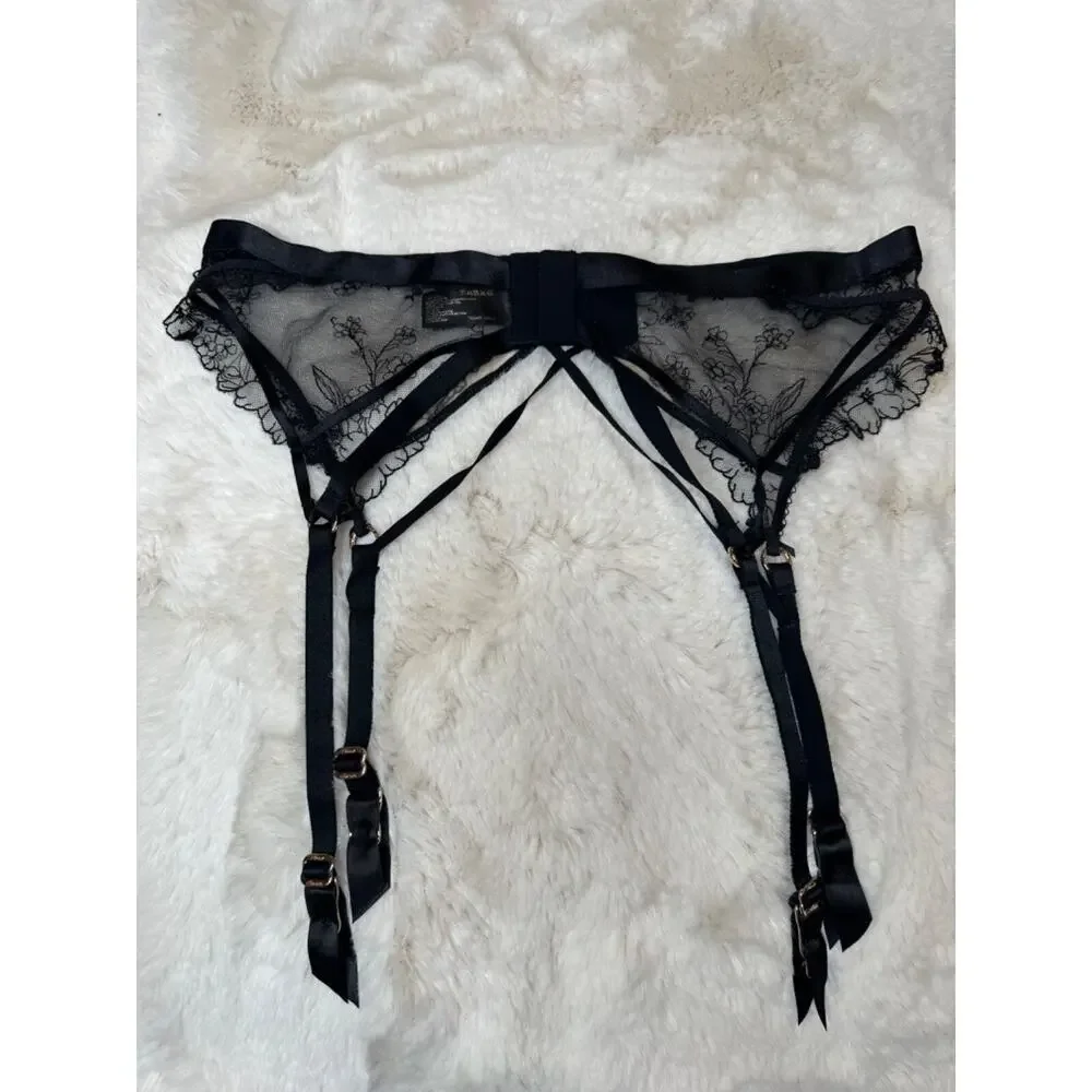 Honey Birdette EMMA🖤 Black Floral Lace 3 Piece Set 36D, L, M Thong